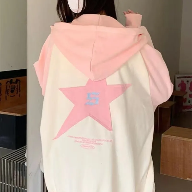 Deeptown Y2K Zip Up Star Graphic Pink Hoodie Korean Fashion Hooded Sweatshirts Vintage Streetwear Grunge Kpop Tops Spring 231228