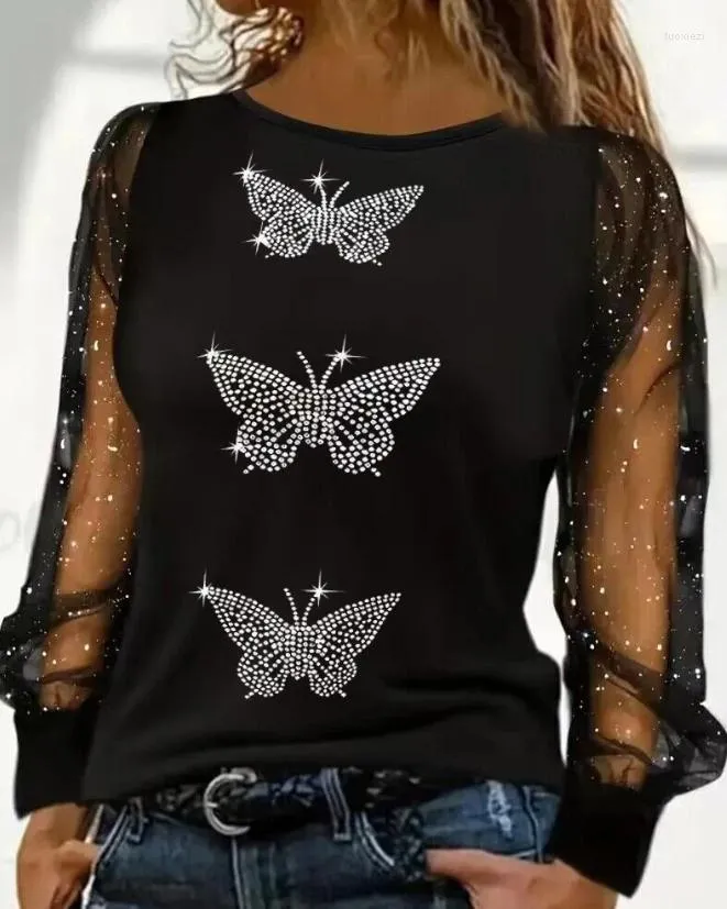 Women's T Shirts Elegant Style Tee Casual Fashionable O-Neck Long Sleeve Rhinestone Butterfly Decoration Pattern Glitter Mesh Patch Top