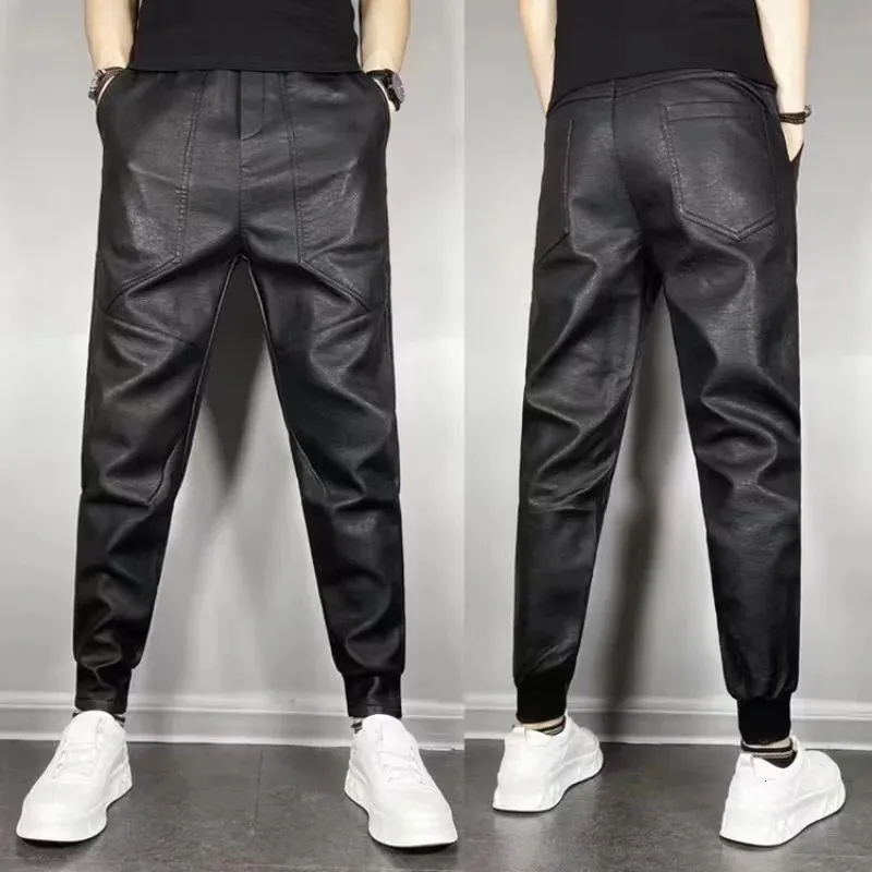 Весенне-осенние мужские кожаные брюки в стиле панк, одежда из искусственной мотоциклетной одежды, стильные водонепроницаемые ветрозащитные кожаные брюки из искусственной кожи с эластичной резинкой на талии 231229