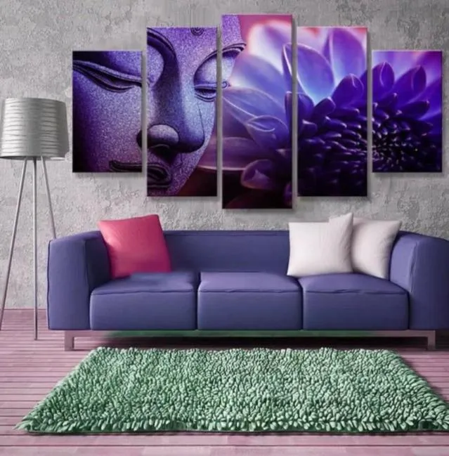 5 Stück abstrakte lila Lotusblume Buddha Druck Malerei Dekoration Home Wandbilder für Küche kein Rahmen4510656