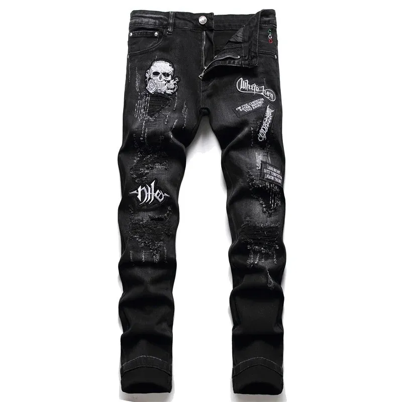 Spring Autumn Ripped Black Jeans Mens Fashion Skull Embroidery Slim Stretch Pants Nightclub Motorcycle Trend Clothing 2312129