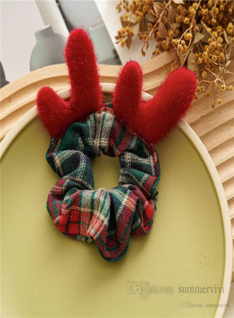 Bows christmas party hair accessories girls cartoon stereo antlers fox scrunchie kids plaid elastic ponytail holder hairb28729235622240