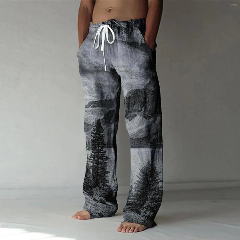 Men's Pants 2024 Spring And Summer Fashion Printing Loose Long Casual Drawstring Elastic Waist Straight Wide Leg Trousers