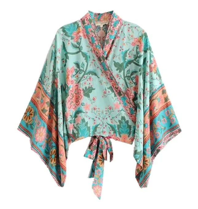 Bohemiskt blommatryck Kimono Bow Tie Peacock Shirt Vintage Woman Batwing Sleeve V-Neck Cardigan Loose Blouse Femme Blusas 2009258587625