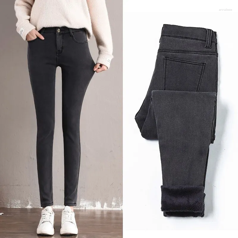 Jeans da donna Inverno Donna Velluto Addensato Vita alta Elastico a figura intera Cerniera femminile Pantaloni a matita in denim skinny Nero Blu Grigio