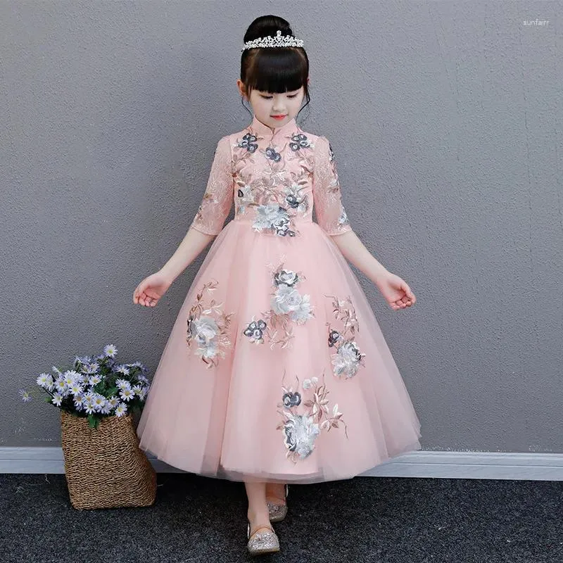 Robes de fille Caustom fait Style chinois dentelle rose robe de bal enfants filles robe de soirée