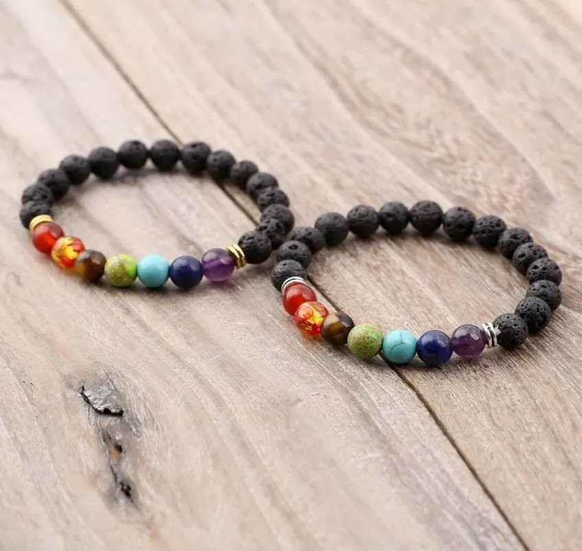 Black Lava Volcanic Stone Bracelet 7 Chakra Natural Stone Yoga Wristband Healing Reiki Prayer Balance Beads Bracelet LJJTA12555678012