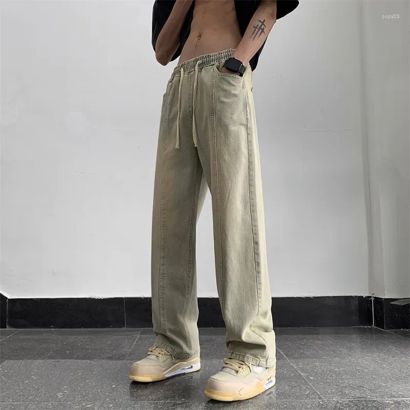 Erkekler Kot yaz Amerikan tarzı vintage eski bülbeli erkek kadın sokak kıyafetleri düz geniş bacak elastik bel rahat marka denim pantolon b196
