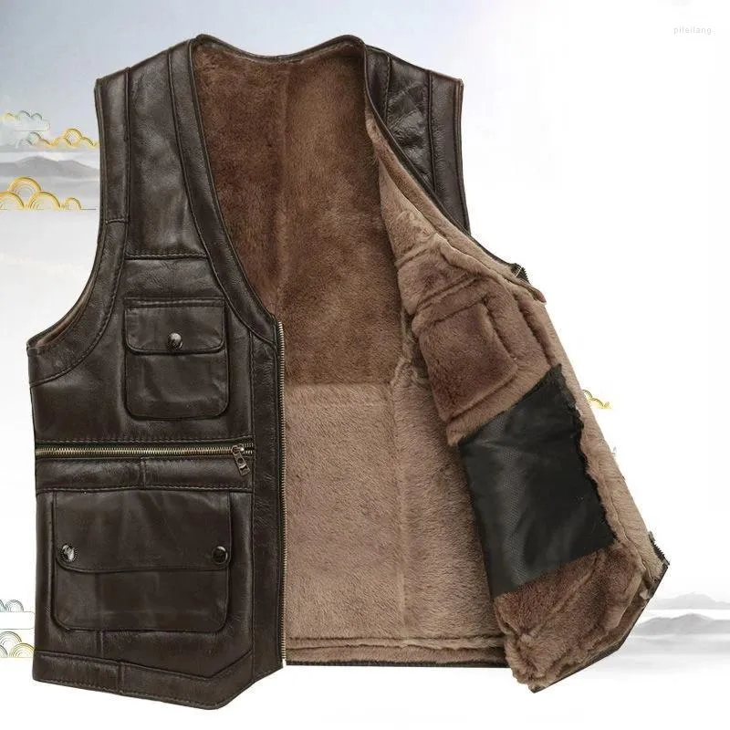 Men s Full Sheepskin Leather Motorcycle Vest Warm Fleece Sleeveless Jacket Winter V Neck Waistcoat