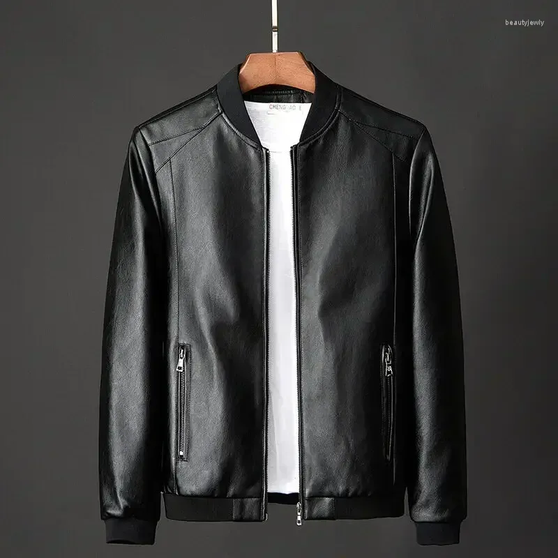 Mäns jackor M-6xl Fashion Stand Collar Casual Jacka Lädertrend Fit Solid Color Black Coat Luxury Classic Men Clothing