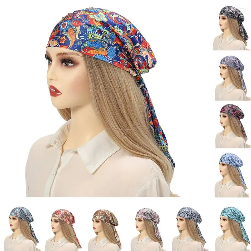 Ethnic Clothing Satin Turbante For Women Pre-Tied Fashion Printed Headband Inner Cap Muslim Hijab Head Scarf Wrap Femme Hair Loss Cover