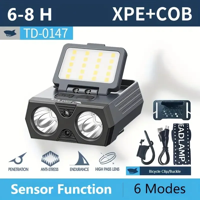 TD0147 Mini lampe frontale, phare super lumineux rechargeable par USB, petite lampe à pince portable XPE COB, lampe frontale à capteur avec lumière magnétique, pour la pêche en plein air et le camping