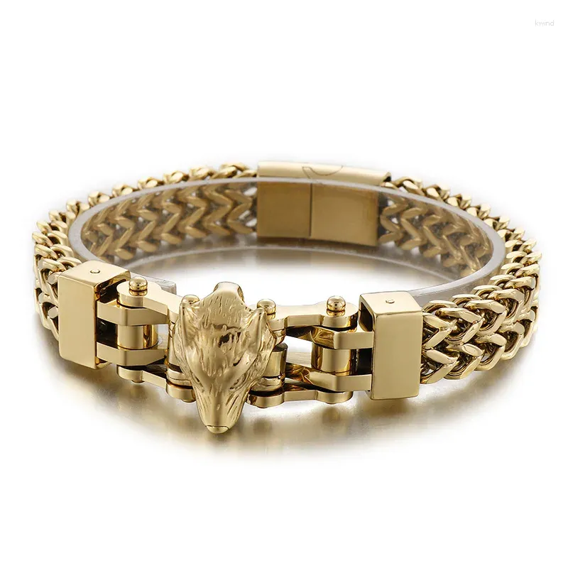Link pulseiras 12mm punk retro viking lobo pulseira homens hiphop placa de ouro aço inoxidável dupla malha corrente animal pulseiras jóias pulseira