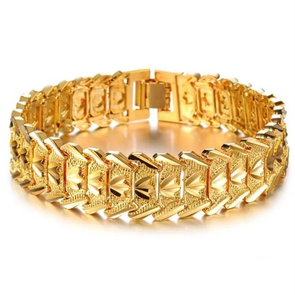 Modeschmuck, luxuriöses 24-Karat-Gelbgold vergoldetes Herren-Kettenarmband, breite Manschette, klobige Gliederkette, attraktives Accessoire326I