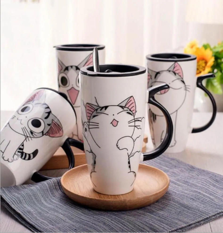 Керамическая кофейная кружка с милым котом и крышкой, большая емкость 600 мл, кружки с животными, креативная посуда для напитков, кофейные чашки, новинка, подарки, чашка для молока5730249
