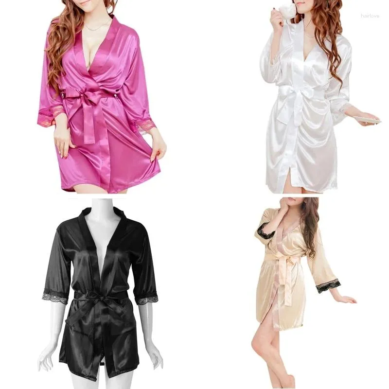 Women's Sleepwear Short Kimono V-Neck Bathrobe Plain Dressing Gown Bridal Party Robe