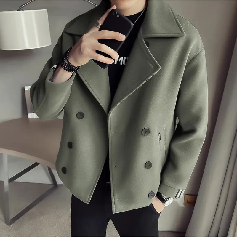 Autumn and Winter Windbreaker Men's Korean Style Fashion Highquality Short Woolen Coat Pure Colorcasual Comfortable EUsize 231228