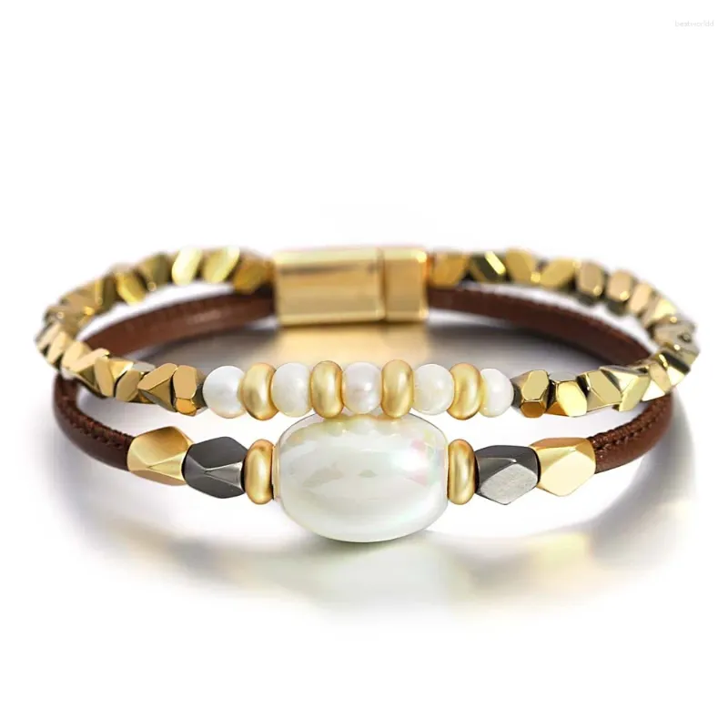Bracelets de charme Amorcome Vintage Maillard Style couleur marron perles en cuir perles de cristal Bracelet en couches bijoux hiver
