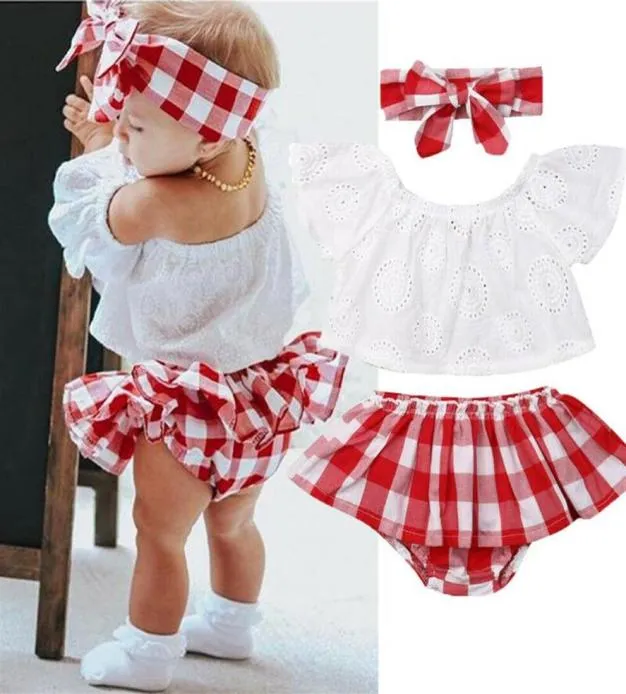 Conjuntos de ropa Ropa para niña nacida, jersey con hombros descubiertos, camisetas de manga corta, diadema a cuadros con lazo, pantalones cortos con volantes geométricos, traje de 3 piezas35865377