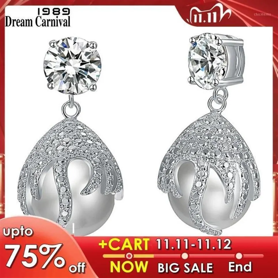 DreamCarnival1989 Deluxe Drop Enings for Women Boucle D'Oreille Femme Rhodium Color Elegant Dangle Pearl Wedding Jewelry WE4276C