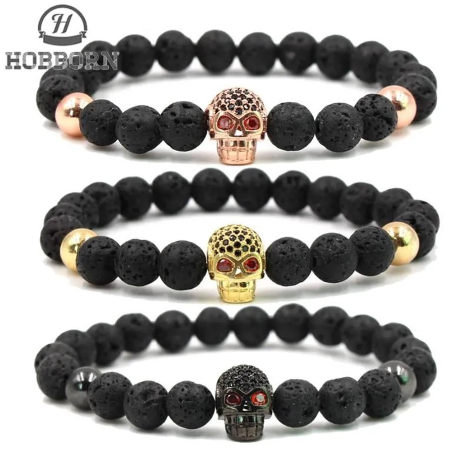 Hobböd trendig naturlig lava stenarmband kvinnor män hip hop rose guld silver färg charm cz skalle armband pulsera hombre257h