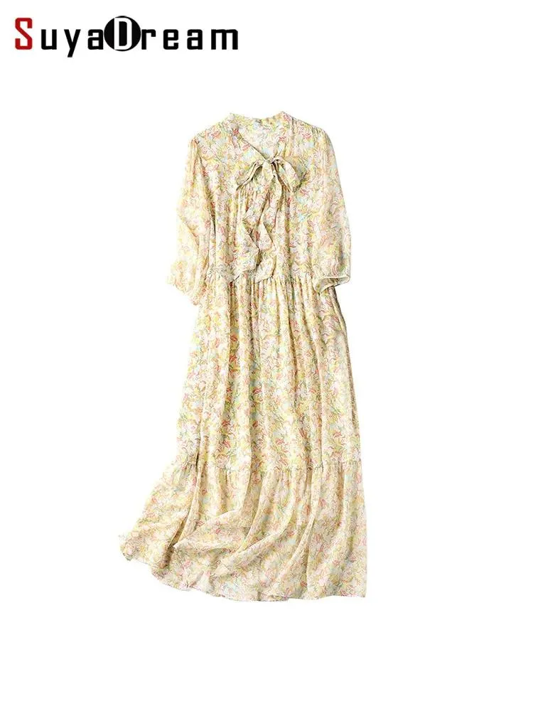 Robe SuyaDream femme robe longue florale 100% vraie soie noeud col ALine imprimé plage Style Maxi robes 2022 vêtements de vacances d'été