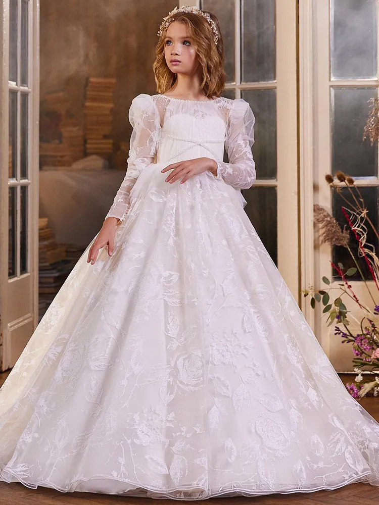 Lussuoso pizzo bianco abiti floreali in rilievo abito da ballo cristalli di collo a torro organza liltttle kids di compleanno abiti a manica lunga ritzee abito da concorso 403