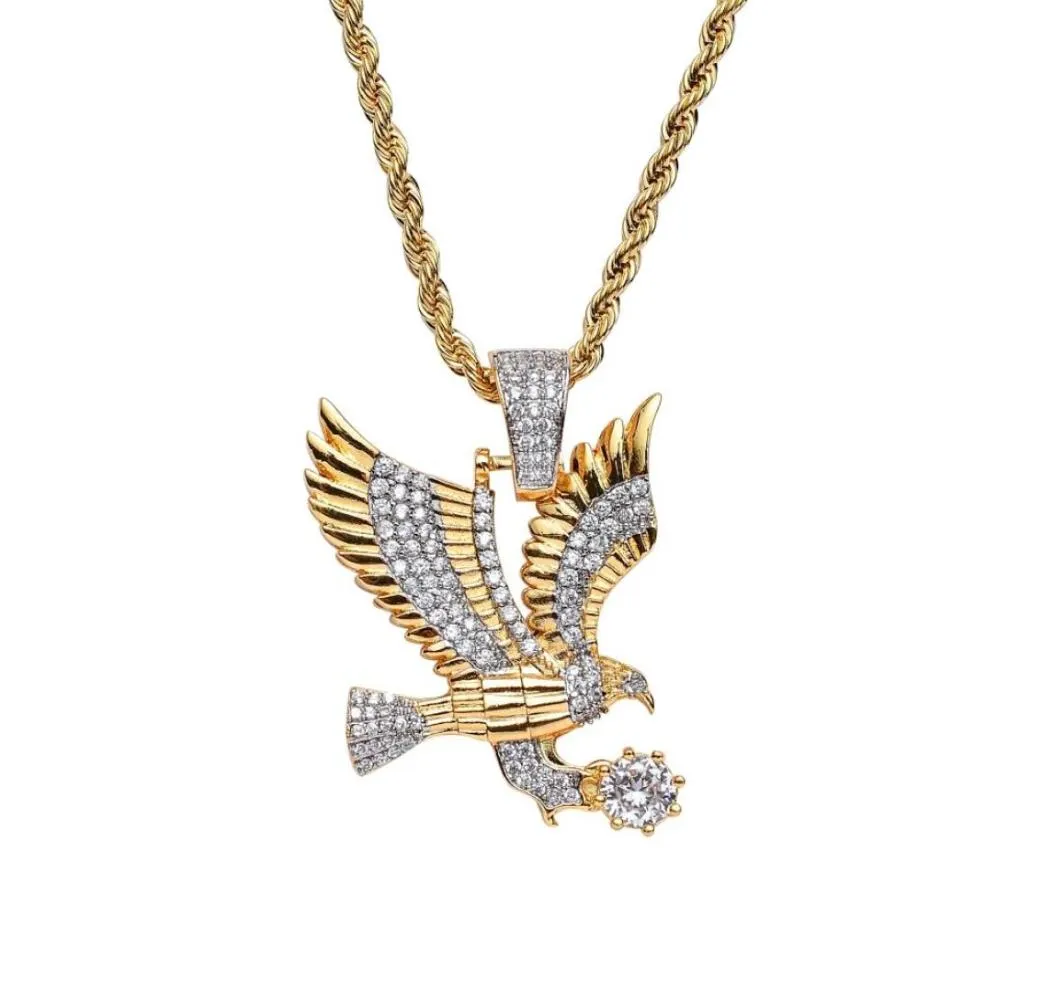 hip hop Eagle diamants pendentif colliers pour hommes western cuivre zircon collier de luxe véritable plaqué or 3mm 60cm acier inoxydable t5819030