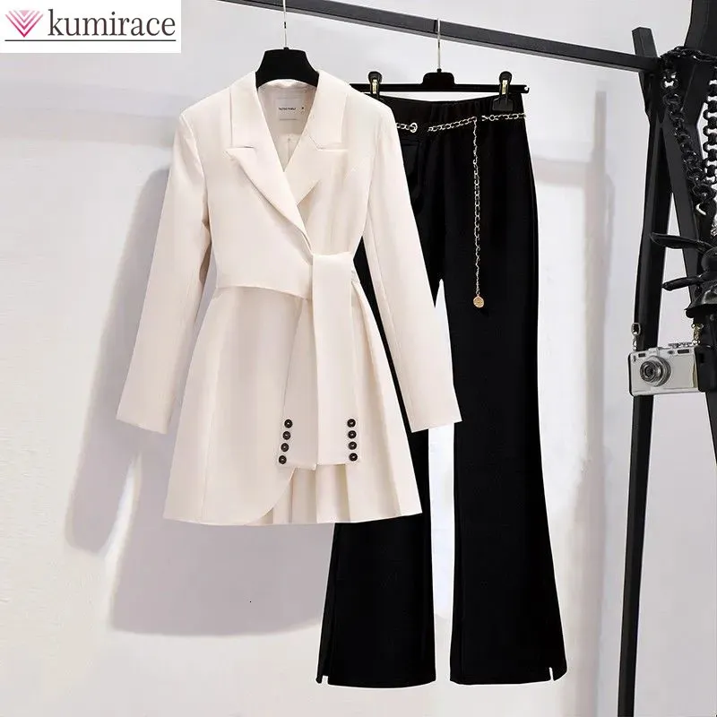 Autumn long sleeved trousers Lapel Leisure suit elegant button belt decorative women's coat pants twopiece set 231228