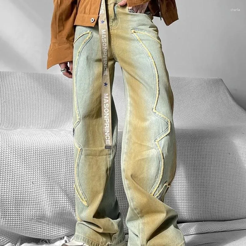 Mäns jeans 2023 Street retro hög midja tvättade lösa knäppta breda benbyxor gotisk stil baggy denim y2k