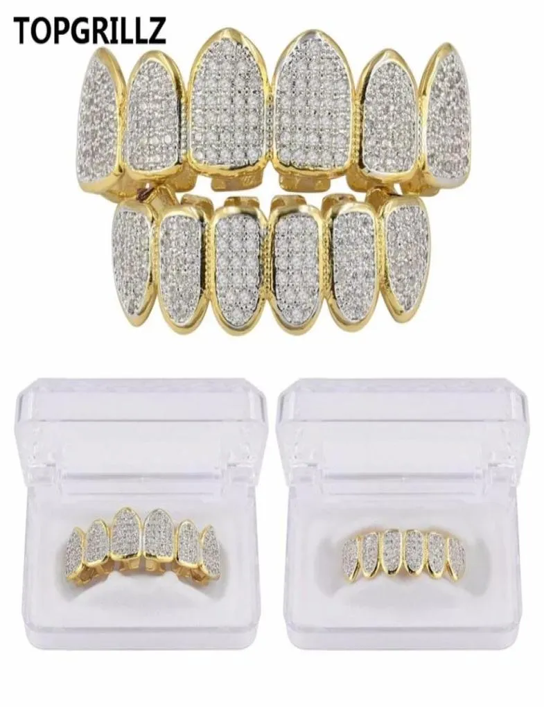 Hip Hop Iced Out CZ Gouden Tanden Grillz Caps Boven- en Onderkant Diamant Tand Grillzs Set Voor Mannen Vrouwen gift Grills9370112
