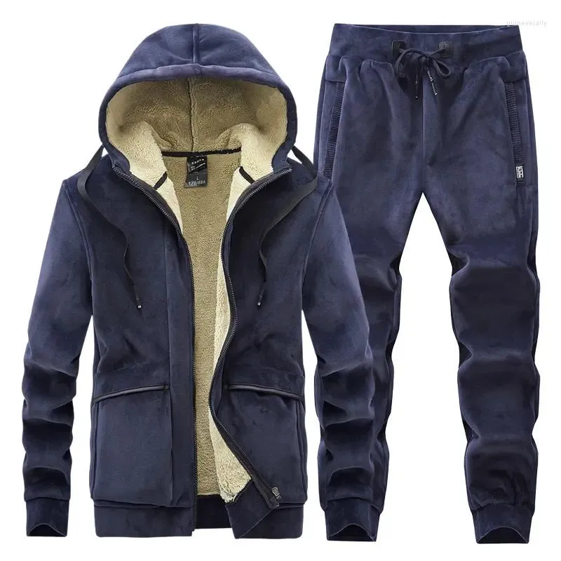 Fatos masculinos manter quente à prova de vento ternos esportivos jogger ginásio hoodies inverno jaqueta de veludo calças esportes terno masculino oversize