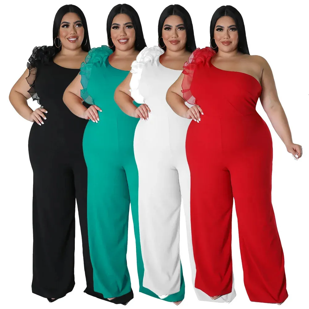 Arrivals Dames Big Size Jumpsuit voor Feest Ruches Organza Mouwloos Eén schouder Effen Wijde Pijpen Rompertjes Mode Broek 231228