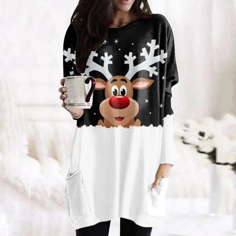 Casual Jurken Kerst T-shirt Jurk Vrouwen Herfst Winter Oversized Shirts Met Lange Mouwen Zakken Atletische Tops Losse Kerst T-shirts