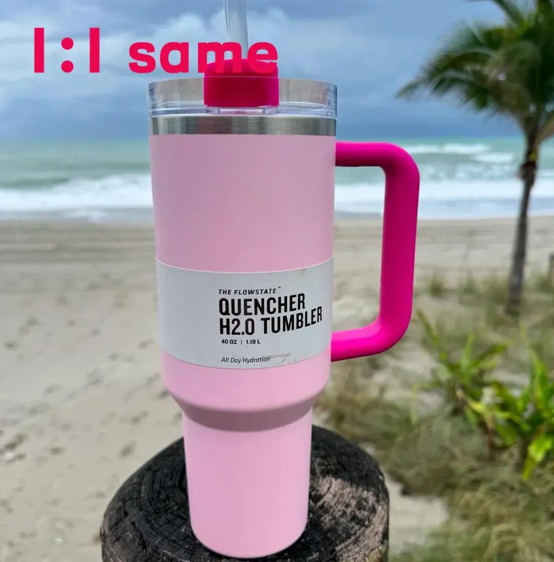 US Stock Pink Flamingo 40oz Quencher H2.0 Kaffemuggar Camping Camping Travel Car Cup rostfritt stål Tumblers Cups Silikonhandtag Valentine Day Gift 1: 1 Samma logotyp