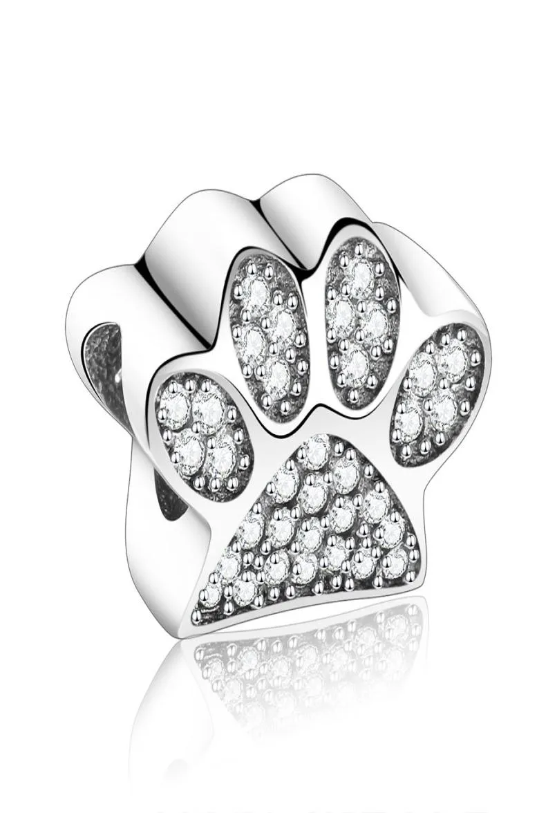 Juguete de Plata de Ley 925 con estampado de perro, cuentas de piedra de circón con pata de oso, aptas para pulsera Original, para hacer Berloque DIY3462321