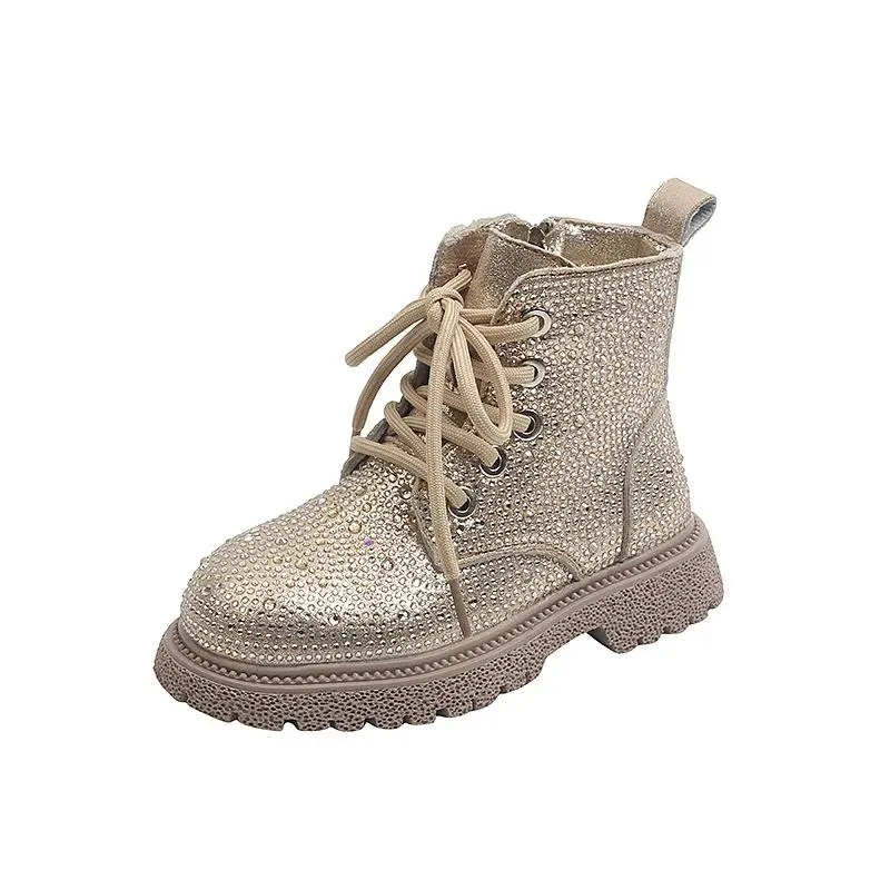 Schuhe Martin Stiefel 2021 Frühling Herbst Jungen Girl Schuhe Kinder Stiefel Laceup -Knöchelstiefel Reißverschluss Strass -Strass -Nonslip Lederstiefel