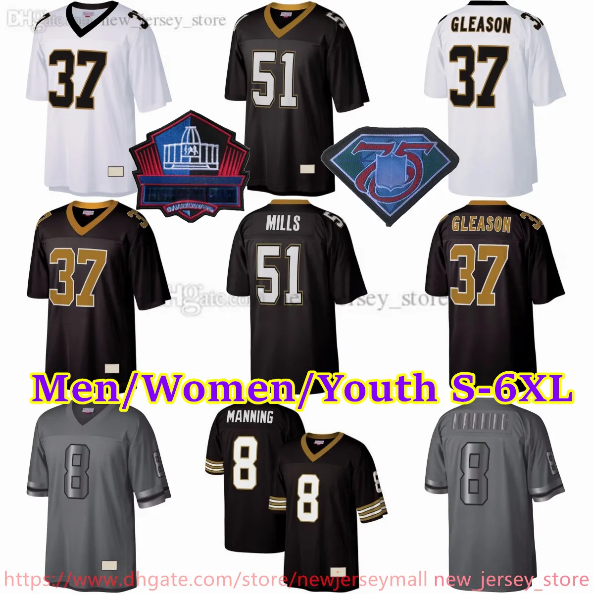 Personnalisé S-6XL Throwback 1967-1999 Football 9 Drew Brees Jersey Stitch 57 Rickey Jackson 73 Jahri Evans 87 Joe Horn 12 Marques Colston 51 Sam Mills 56 Pat Swilling Maillots