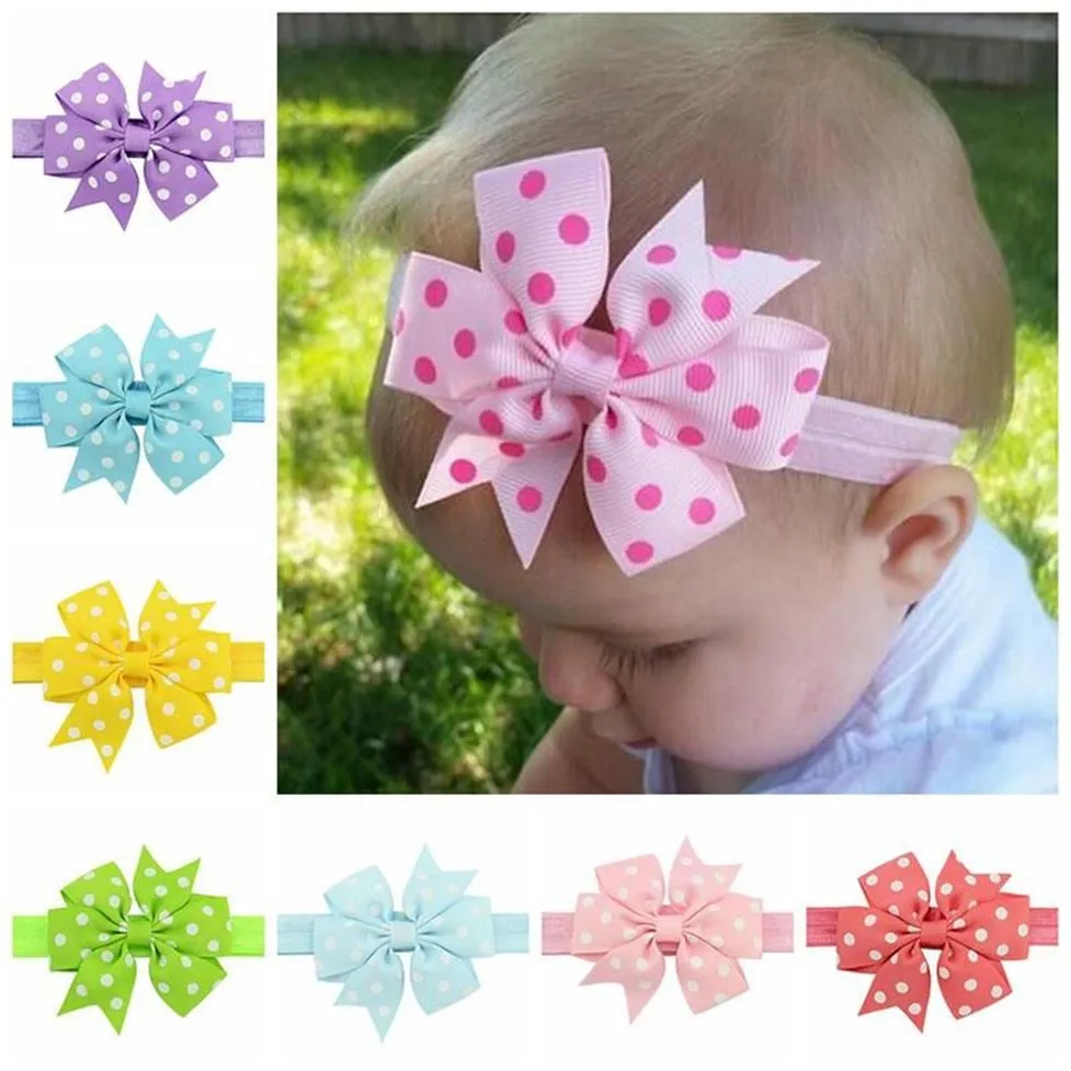 40pcs Lot 3 15inch Cute Bowknot Hair Bands For Kids Girls Handmade Dot Printed Bow With Elastic Band Hair Accessories 616227C