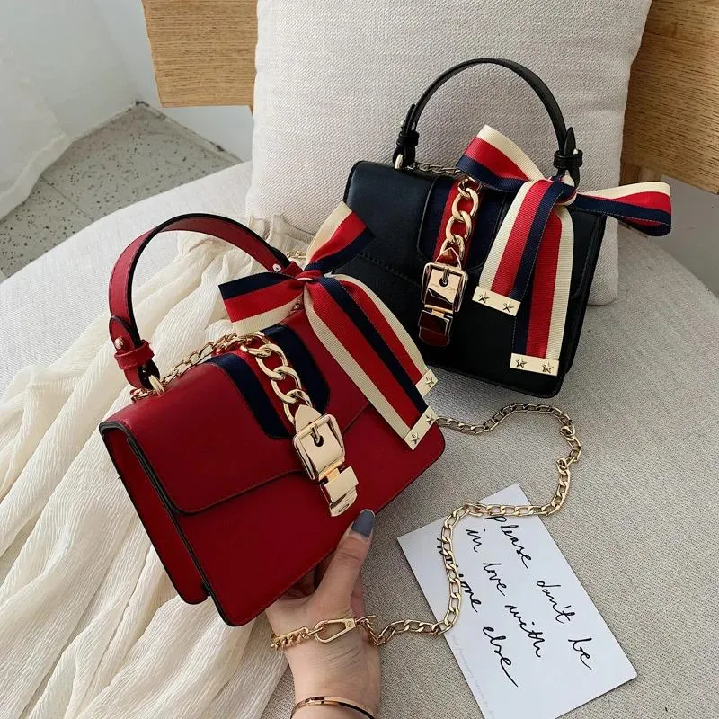 Bags 2021 Women's Fashion Handbag Red Blue White Scarf Bow Korean Single Shoulder Bags Messenger Chain Bag Envelope Bag