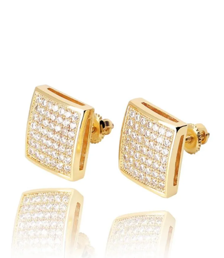 Hip Hop Stud Earrings Square Screw Back White Zircon Dangle Earrings Gold Plated Vintage Geometric Jewelry Whole1883556