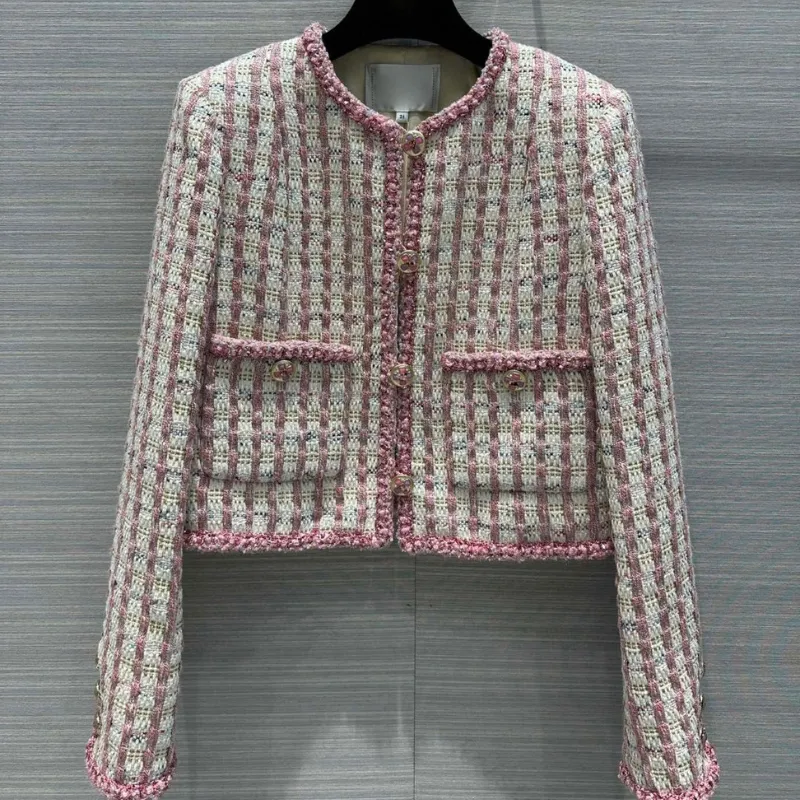 24 fw damski płaszcz haftowany bawełniany tweed bluzja z literami guziki vintage designer płaszcz dziewczęta Milan Runway Różowy projektanta Tops Blazer warkocz Blazer