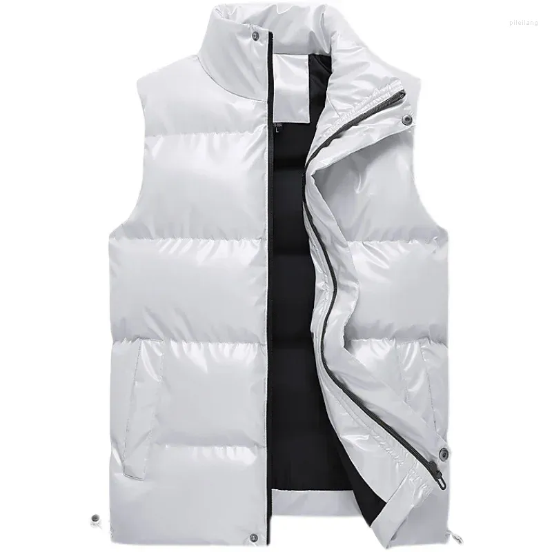 メンズベスト2024メンズファッションホワイトノースリーブジャケット冬の温かい光沢のある綿パッド入りベストジャケット男性黒い秋のウエストコートS-5XL