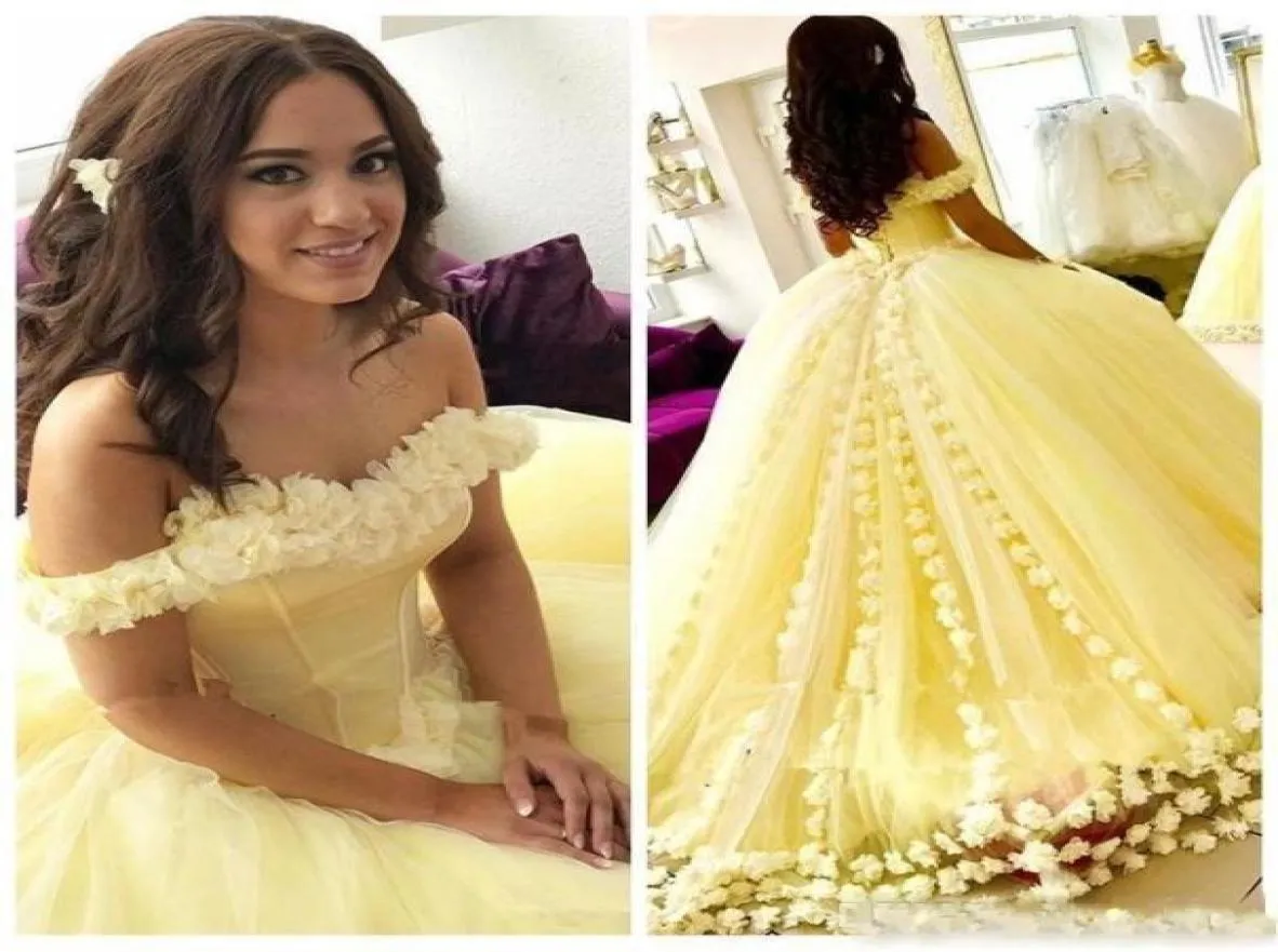 2020 New Gorgeous Yellow Quinceanera Ball Gown Dresses Off Shoulder With 3D Flowers Sweet 16 Princess Corset Back Party Prom Eveni8628274
