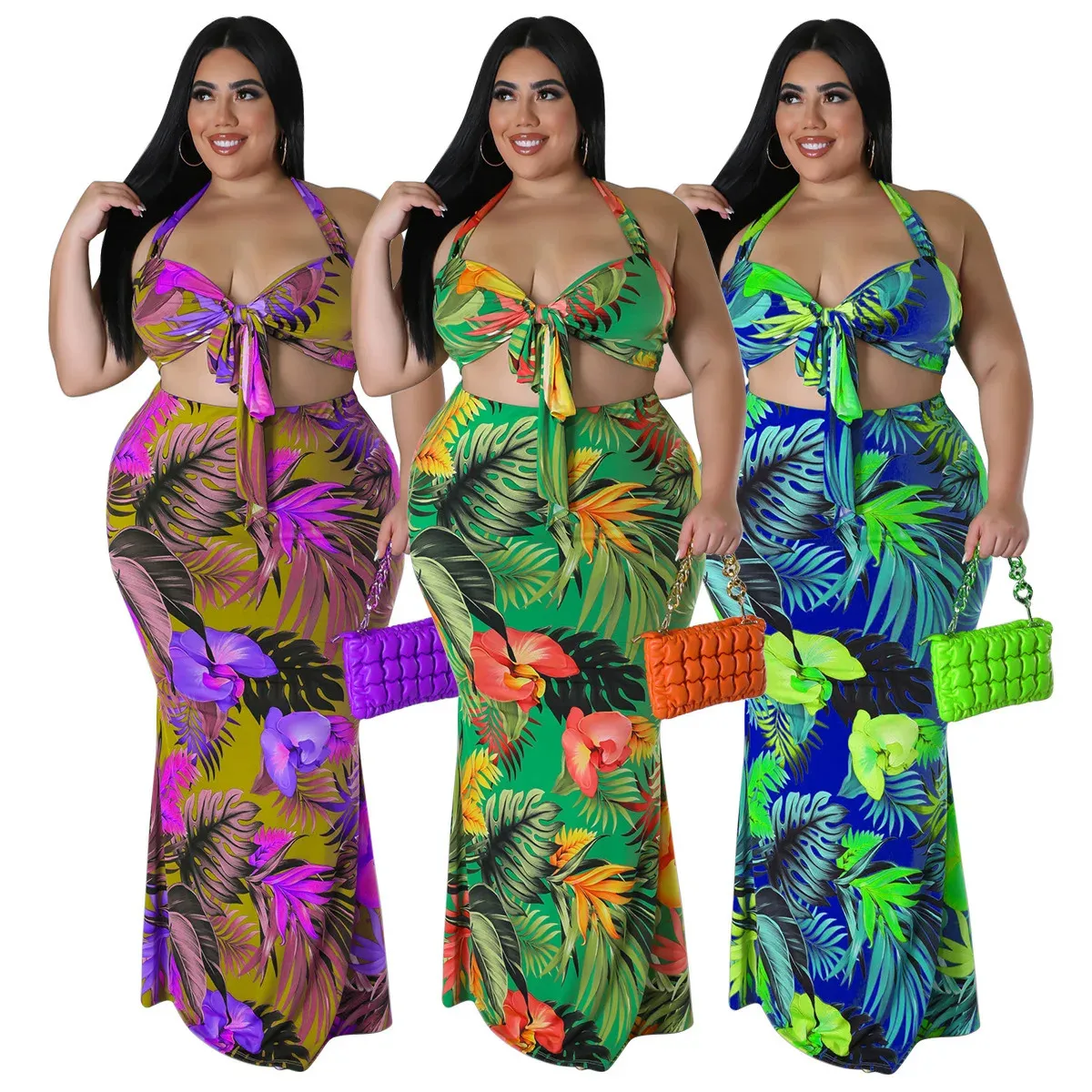 Grande taille impression plage femmes deux pièces ensemble Sexy motif coloré licou sans manches culture hauts sirène fête jupe 231228