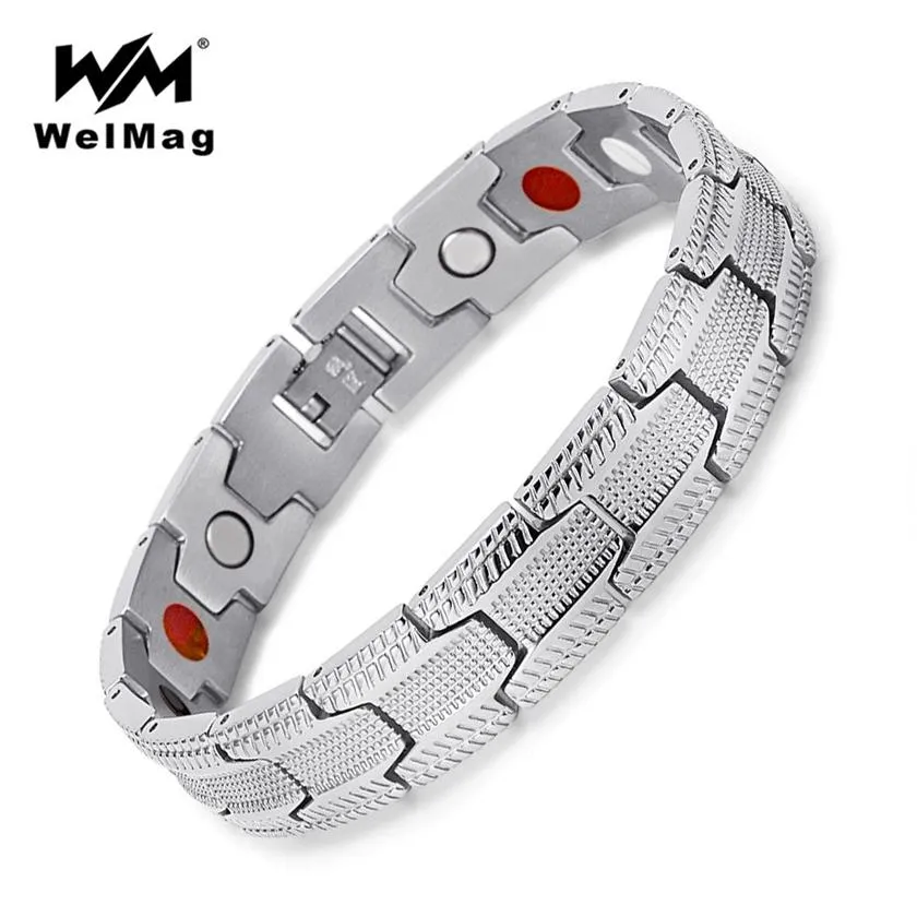 Welmag moda pulseira masculina magnética bio energia aço inoxidável largo prata manguito pulseiras homme cura jóias presentes de natal256i