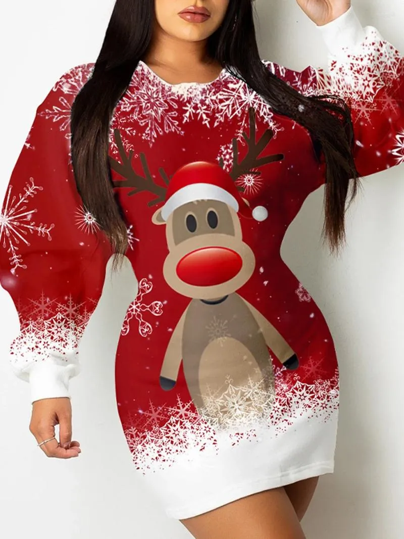 Casual Dresses Women Long Sleeve Dress Elk/Snowman Print Christmas Party Mini For Beach Cocktail Club Streetwear