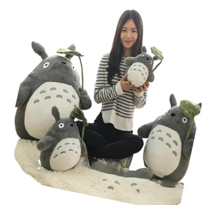 30cm INS Soft Totoro Doll Standing Kawaii Japan Cartoon Figure Grey Cat Plush Toy With Green Leaf Umbrella Kids Present8375203