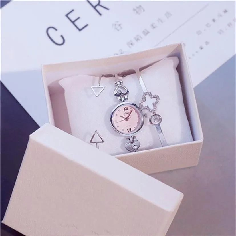 Korea Popular Watch Suit Silver Gold Armband Chain Lucky Ciover-A and Triangle Coff Bangle Pink Watch Face314Z