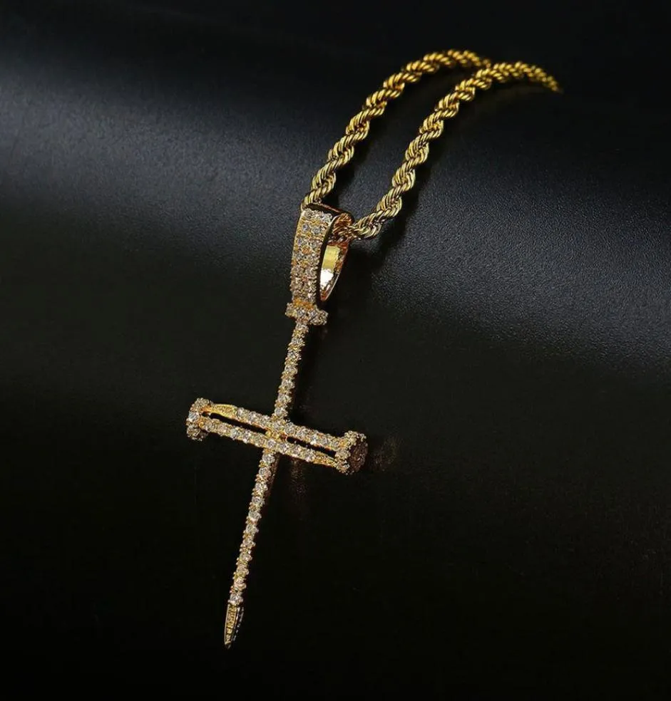 Men039S smycken 3mm 24inch repkedja Iced Nail Cross Pendant Necklace Gold Silver Men Kvinnor Hiphop Jewel WHOS3621472